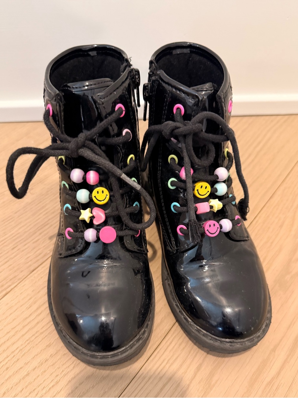 The Children's Place Black Patent Lace-Up Kids Boots with Colorful Bead Accents